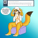  anthro ask_blog big_breasts blue_eyes blush breasts brown_fur brown_hair canine claire_(skidd) convenient_censorship female fennec fox fur hair hi_res long_hair mammal multicolored_fur navel nude skidd solo towel uberquest webcomic wet white_fur yellow_fur 