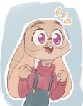  2018 anthro buckteeth clothed clothing disney excited eyewear female fuel_(artist) glasses lagomorph mammal open_mouth open_smile overalls purple_eyes rabbit simple_background smile solo standing teeth violet_hopps_(zootopia) young zootopia 