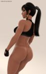  1girl ass back bare_arms black_hair brown_eyes butt_crack curvy dark_skin egyptian hips long_hair looking_back overwatch pharah_(overwatch) ponytail solo thick_thighs thighs tied_hair wide_hips 