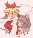  animal_ears bangs blonde_hair blush breasts brown_ribbon closed_mouth dated eyebrows_visible_through_hair fang grey_hair masanaga_(tsukasa) medium_breasts mouse_ears multicolored_hair multiple_girls nazrin open_mouth red_eyes ribbon shawl short_hair simple_background streaked_hair toramaru_shou touhou 