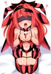  ? aka_no_ripika bare_shoulders beatmania beatmania_iidx blindfold blush breasts collarbone cupping_hands eyebrows_visible_through_hair from_above full_body heavy_breathing jakko long_hair medium_breasts navel open_mouth red_hair seiza sitting solo striped striped_legwear thighhighs tongue tongue_out vertical-striped_legwear vertical_stripes very_long_hair white_background 