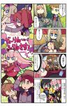 4girls 4koma ahoge artist_name balloon basket blonde_hair blue_hair bob_cut bright_pupils bucket bucket_on_head cape clipboard comic commentary_request copyright_name darling_in_the_franxx dressing_another formal futoshi_(darling_in_the_franxx) hair_over_one_eye hairband hand_on_hip highres hiro_(darling_in_the_franxx) holding_hands ichigo_(darling_in_the_franxx) kokoro_(darling_in_the_franxx) long_hair mato_(mozu_hayanie) miku_(darling_in_the_franxx) mitsuru_(darling_in_the_franxx) multiple_boys multiple_girls object_on_head pant_suit red_hair short_hair sparkle suit translated twintails uniform white_pupils zero_two_(darling_in_the_franxx) zorome_(darling_in_the_franxx) 