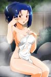  adjusting_hair asahina_natsuki blue_hair blush breasts covered_nipples covering hairband high_ponytail large_breasts long_hair looking_at_viewer mole mole_under_mouth nude_cover official_art onsen open_mouth outdoors red_eyes sitting sitting_on_rock solo steam super_real_mahjong tanaka_ryou towel wet wet_hair wet_towel white_towel 