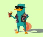  2018 absurd_res anthro beak bendy_straw beverage bottomless chest_tuft clothed clothing cocktail_umbrella cup digital_drawing_(artwork) digital_media_(artwork) disney eyewear feet fur green_background green_fur hand_on_waist hawaiian_shirt hi_res holding_beverage holding_cup mammal monotreme perry_the_platypus phineas_and_ferb platypus raised_eyebrow shirt signature simple_background siolasart smile smirk solo standing straw sunglasses tuft webbed yellow_beak 