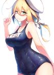 ahoge aqua_eyes beize_(garbage) blonde_hair blush breasts cowboy_shot glasses hair_ribbon hat i-8_(kantai_collection) kantai_collection large_breasts long_hair looking_at_viewer low_twintails name_tag one-piece_swimsuit peaked_cap red-framed_eyewear ribbon sailor_hat school_swimsuit shiny shiny_clothes simple_background smile solo swimsuit twintails white_background white_ribbon 