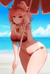  alternate_costume arano_oki bangs beach bikini blue_sky bow cloud commentary_request cowboy_shot day eyebrows_visible_through_hair hair_between_eyes hat holding holding_umbrella horizon kawashiro_mitori leaning_forward lock looking_at_viewer lowleg lowleg_bikini navel ocean original outdoors partial_commentary pink_hair red_bikini red_bow red_eyes short_hair sky smile solo swimsuit thighs touhou umbrella wide_hips wrist_cuffs 