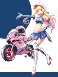  :d blonde_hair blue_eyes blue_gloves blue_skirt boots breasts elbow_gloves flower full_body gloves green_ribbon ground_vehicle hair_flower hair_ornament hair_ribbon hat helmet highres honda large_breasts long_hair looking_at_viewer midriff motor_vehicle motorcycle motorcycle_helmet navel one_side_up open_mouth original outstretched_arm pink_helmet race_queen ribbon rose saitou_sakae shirt simple_background skirt sleeveless sleeveless_shirt smile solo thigh_boots thighhighs timer very_long_hair white_hat white_legwear wrench 