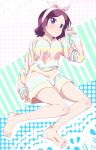  barefoot blush brown_hair full_body highres looking_at_viewer lying multicolored_sweater new_game! on_back parted_lips pink_x purple_eyes shiny shiny_skin short_hair solo striped striped_sweater sweater tooyama_rin towel 