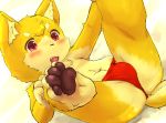  anthro blush bulge canine clothed clothing cub dog fundoshi fur hindpaw japanese_clothing male mammal navel nipples open_mouth paws red_eyes saru_gundan solo topless underwear yellow_fur young 