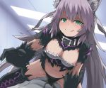  1girl :q agrius_metamorphosis animal_ears atalanta_(alter)_(fate) atalanta_(fate) bangs belt_collar black_legwear black_panties blush breasts cat_ears cleavage commentary_request fate/apocrypha fate/grand_order fate_(series) fur girl_on_top gloves green_eyes grey_hair indoors licking_lips long_hair looking_at_viewer medium_breasts naughty_face navel panties route1911 solo_focus straddling thighhighs tongue tongue_out underwear very_long_hair 