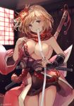  absurdres blonde_hair breasts brown_eyes cleavage commentary_request covered_nipples djeeta_(granblue_fantasy) flower granblue_fantasy hadanugi_dousa hair_flower hair_ornament head_tilt heart heart-shaped_pupils highres japanese_clothes katana kengou_(granblue_fantasy) large_breasts looking_at_viewer milli_little mouth_hold scarf short_hair solo standing sword symbol-shaped_pupils teeth twitter_username weapon wide_sleeves 