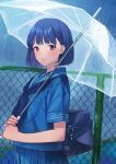  bag bangs blue_hair blue_neckwear blue_sailor_collar blue_serafuku blue_shirt blue_skirt blush chain-link_fence closed_mouth commentary_request doushimasho eyebrows_visible_through_hair fence highres holding holding_umbrella looking_at_viewer neckerchief original outdoors pleated_skirt rain red_eyes sailor_collar school_bag school_uniform serafuku shirt short_hair short_sleeves skirt sky solo transparent transparent_umbrella umbrella 