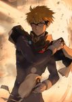  backlighting beret black_bodysuit blonde_hair bodysuit bracer capelet closed_mouth darling_in_the_franxx explosion expressionless glasses gloves gorou_(darling_in_the_franxx) hat hat_removed headwear_removed high_collar holding holding_hat long_sleeves looking_at_viewer male_focus pilot_suit purple-framed_eyewear skin_tight solkorra solo standing twitter_username upper_body v-shaped_eyebrows white_gloves yellow_eyes 