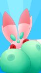  2018 absurd_res antennae anthro anthrofied areola arthropod big_breasts breasts female hi_res huge_breasts kespuzzuo lurantis nintendo nipples non-mammal_breasts pok&eacute;mon pok&eacute;mon_(species) red_eyes simple_background solo video_games 