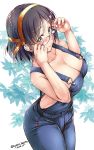  2018 adjusting_eyewear alternate_costume ayano_naoto bare_shoulders black_hair blue_background blue_eyes blush breasts cleavage collarbone dated denim eyebrows_visible_through_hair floral_background from_above glasses highres kantai_collection kirishima_(kantai_collection) large_breasts lips looking_at_viewer naked_overalls overalls remodel_(kantai_collection) shiny shiny_hair short_hair smile solo twitter_username white_background 