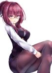  alternate_costume alternate_hairstyle bangs bespectacled black-framed_eyewear black_legwear breasts commentary_request crossed_legs eyebrows_visible_through_hair fate/extella_link fate/grand_order fate_(series) formal glasses hair_intakes hane_yuki highres light_smile long_hair looking_at_viewer office_lady pantyhose parted_lips pencil_skirt purple_hair red_eyes scathach_(fate)_(all) scathach_(fate/grand_order) short_ponytail simple_background skirt skirt_suit solo suit thighband_pantyhose tied_hair very_long_hair white_background 