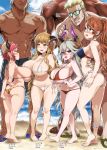  4girls abs anila_(granblue_fantasy) arched_back areola_slip areolae arms_behind_back asanagi ass asymmetrical_bangs bangs bare_legs barefoot beach beatrix_(granblue_fantasy) bikini blue_bikini_top blunt_bangs blush breasts brown_eyes brown_hair butt_crack character_name commentary_request contrapposto day draph earrings eyebrows_visible_through_hair front-tie_bikini front-tie_top granblue_fantasy green_eyes hair_between_eyes halterneck height height_difference highres horn_grab horns huge_breasts jewelry light_brown_hair long_hair medium_breasts multiple_boys multiple_girls navel necklace nose_piercing o-ring o-ring_bikini o-ring_top open_mouth outdoors piercing pigeon-toed pink_hair pointy_ears ponytail print_bikini red_bikini red_eyes short_hair side-tie_bikini sidelocks silver_hair skindentation smile standing strap_gap string_bikini sturm_(granblue_fantasy) sunglasses swimsuit thalatha_(granblue_fantasy) tiptoes translated very_long_hair wavy_mouth white_bikini white_bikini_bottom worried 