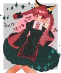  adapted_costume animal_ears bangs black_bow blush bow braid cat_ears dated extra_ears eyebrows_visible_through_hair frills hair_bow heart highres kaenbyou_rin long_hair long_sleeves looking_at_viewer masanaga_(tsukasa) open_mouth pointy_ears red_eyes red_hair solo sparkle tabard touhou twin_braids 