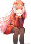  black_legwear breasts darling_in_the_franxx eyebrows_visible_through_hair flower green_eyes hair_flower hair_ornament hairband head_rest highres horns long_hair medium_breasts pantyhose pink_hair red_horns simple_background sitting smile solo supera twitter_username uniform zero_two_(darling_in_the_franxx) 