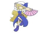  belt blonde_hair blouse blue_bow blue_dress blue_footwear bow commentary dress fan folding_fan full_body hand_on_headwear hat hat_bow holding holding_fan itatatata long_hair long_sleeves looking_at_viewer mob_cap puyopuyo red_belt side_slit sleeve_cuffs solo touhou very_long_hair vest watatsuki_no_toyohime white_background white_blouse yellow_eyes 