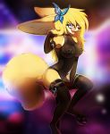  2018 abstract_background anthro belly_piercing breasts butterfly_clip canine chest_tuft clothing eyewear female fennec fluffy fluffy_tail fox glasses gloves hairclip hi_res inner_ear_fluff kaiyonato leggings legwear leotard magenta7 mammal nipple_piercing nipples piercing rubber spacesuit stockings tongue tongue_out tuft 