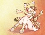  :o animal_ears belt blonde_hair bow bowtie cat_ears cat_tail commentary elbow_gloves eyebrows_visible_through_hair gloves high-waist_skirt highres kemono_friends kneehighs looking_at_viewer print_gloves print_legwear print_neckwear print_skirt sand_cat_(kemono_friends) sand_cat_print shirt shoe_bow shoes sitting skirt sleeveless sleeveless_shirt solo tail tamiku_(shisyamo609) white_belt yellow_background yellow_eyes yellow_gloves yellow_neckwear 