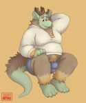  2018 4_toes anthro belly blush bulge clothing dragon fur horn male moobs overweight overweight_male shirt simple_background smile solo sugaryhotdog toes underwear 