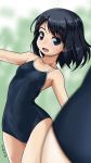  artist_name black_eyes black_hair blue_swimsuit blurry commentary_request competition_school_swimsuit cowboy_shot depth_of_field flat_chest green_background looking_at_viewer one-piece_swimsuit open_mouth original rohitsuka school_swimsuit short_hair smile solo_focus swimsuit 