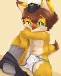  anthro blush briefs brown_hair bulge canine clothed clothing cub erection fur green_eyes hair hat looking_at_viewer male mammal multicolored_fur navel nipples pants_down partially_clothed saru_gundan solo tan_fur topless two_tone_fur underwear wet_spot white_fur young 