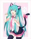  :d ahoge animal_ears bangs bare_shoulders black_legwear black_skirt blue_eyes blush breasts cat_ears cat_girl cat_tail claw_pose collared_shirt commentary eyebrows_visible_through_hair fangs fingernails green_hair hair_between_eyes hakusai_(tiahszld) hands_up hatsune_miku kemonomimi_mode long_hair looking_at_viewer nail_polish necktie open_mouth pink_nails pink_neckwear pleated_skirt shirt skirt sleeveless sleeveless_shirt small_breasts smile solo tail thighhighs twintails very_long_hair vocaloid white_shirt 