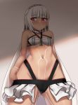  altera_(fate) ass_visible_through_thighs bangs bare_shoulders blunt_bangs blush breasts cowfee dark_skin eyebrows_visible_through_hair fate/extella fate/extra fate_(series) groin highres looking_away navel red_eyes small_breasts solo stomach white_hair 