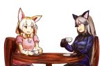  :d animal_ears black_gloves black_neckwear blonde_hair blue_jacket bow bowtie chair commentary cup english_commentary eye_contact fennec_(kemono_friends) fox_ears fur_trim gloves grey_hair hand_on_table holding holding_cup jacket kemono_friends long_hair long_sleeves looking_at_another multiple_girls necktie open_mouth plate short_sleeves silver_fox_(kemono_friends) simple_background sitting smile steam table tamiku_(shisyamo609) very_long_hair white_background yellow_eyes yellow_neckwear 