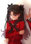  1girl archer black_hair black_ribbon blue_eyes blush chinese_commentary commentary fate/stay_night fate_(series) hair_ribbon highres long_hair looking_away red_sweater ribbon sweat sweater toosaka_rin two_side_up wall_slam yaoshi_jun 