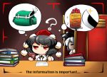  :3 =_= ? backpack bag binder black_hair book english hairband hat kashuu_(b-q) konpaku_youmu multiple_girls paper pencil pom_pom_(clothes) shameimaru_aya shawarma short_hair silver_hair sword thought_bubble tokin_hat touhou translated weapon 