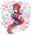  android belt beret blush breasts brown_hair capcom eyebrows_visible_through_hair flower gloves green_eyes hair_between_eyes hair_ornament hat heart heart_background highres holding holding_flower iris_(flower) iris_(rockman_x) long_hair low-tied_long_hair medium_breasts pearl red_hat ribbon rockman rockman_x rockman_x4 smile solo sumomo upper_body white_gloves 