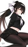  2018 arms_behind_back azur_lane black_hair black_legwear black_serafuku black_skirt blush bow dated flying_sweatdrops hair_bow hairband highres long_hair looking_at_viewer mimelond miniskirt navel neckerchief orange_eyes pantyhose parted_lips pleated_skirt ponytail school_uniform serafuku shirt signature simple_background sitting skirt solo takao_(azur_lane) very_long_hair white_background white_bow white_neckwear yokozuwari 