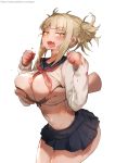  bangs black_bra blonde_hair blood bloody_clothes blue_sailor_collar blue_skirt blunt_bangs boku_no_hero_academia bra breast_grab breast_hold breasts cardigan clothes_lift double_bun eyebrows_visible_through_hair fangs gao_(gaolukchup) grabbing grabbing_from_behind hands_up highres large_breasts legs_together long_sleeves looking_at_viewer miniskirt navel neckerchief open_mouth patreon_username pleated_skirt red_neckwear sailor_collar school_uniform serafuku sidelocks simple_background skirt solo_focus sweater sweater_lift toga_himiko underwear watermark web_address white_background yellow_eyes 