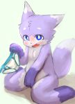  anthro blue_eyes blush canine clothing covering covering_self cub cute_fangs embarrassed fur male mammal multicolored_fur open_mouth purple_fur saru_gundan solo two_tone_fur underwear white_fur young 