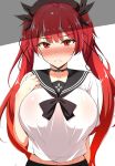  azur_lane bangs black_choker black_ribbon black_skirt blush breasts choker closed_mouth collarbone commentary_request eyebrows_visible_through_hair fuurai_(resuty) hair_ribbon hat highres honolulu_(azur_lane) huge_breasts long_hair looking_at_viewer navel nose_blush peaked_cap red_eyes red_hair ribbon sailor_collar school_uniform serafuku shirt short_sleeves sidelocks skirt solo twintails white_shirt 