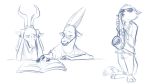  2018 antelope anthro barefoot blue_and_white book bucky_oryx-antlerson canine clothed clothing disney eyewear fox group holding_object horn ittybittykittytittys kudu male mammal monochrome multiple_images musical_instrument nick_wilde oryx playing_music pronk_oryx-antlerson reading saxophone simple_background standing sunglasses white_background zootopia 