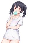  bangs black_hair blush breasts chocolate_mint cleavage commentary_request cowboy_shot dutch_angle eyebrows_visible_through_hair food food_in_mouth hair_between_eyes hair_tie highres hitotsuki_no_yagi holding holding_food looking_at_viewer love_live! love_live!_school_idol_project medium_hair no_pants panties pantyshot pantyshot_(standing) pink_panties popsicle red_eyes shirt short_sleeves sidelocks simple_background small_breasts solo standing twintails underwear white_background white_shirt yazawa_nico 