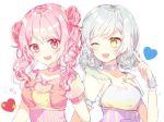  :d ;d alternate_hairstyle aqua_choker aqua_hair bang_dream! bangs breasts choker cleavage collarbone curly_hair double_bun earrings emoji frilled_cuffs green_eyes heart hikawa_hina jewelry maruyama_aya multiple_girls one_eye_closed open_mouth pink_choker pink_eyes pink_hair pointing pointing_at_self sash see-through_sleeves short_sleeves smile star striped taya_5323203 twintails upper_body vertical_stripes wrist_cuffs 