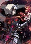  absurdres armor armored_dress bangs banner black_background black_capelet black_dress blurry breasts broken broken_chain capelet chain commentary cowboy_shot crack depth_of_field dress elbow_pads embers evil_smile eyebrows_visible_through_hair fate/grand_order fate_(series) fire from_side gauntlets glint glowing grey_hair headpiece highres jeanne_d'arc_(alter)_(fate) jeanne_d'arc_(fate)_(all) large_breasts looking_away lucky_(1045044604) pale_skin parted_lips plackart short_hair skull smile smirk solo sparks standing sword torn_capelet torn_clothes v-shaped_eyebrows weapon yellow_eyes 