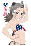  1girl absurdres american_beaver_(kemono_friends) american_flag american_flag_bikini american_flag_print animal_ears antenna_hair appleq arched_back arm_up armpits bare_arms bare_shoulders beaver_ears beaver_tail bikini black_hair blush breasts brown_eyes closed_mouth collarbone commentary_request extra_ears flag_print from_side front-tie_bikini front-tie_top grey_hair hair_ornament hair_scrunchie hairclip hand_on_hip highres kemono_friends light_smile long_hair looking_at_viewer looking_to_the_side multicolored_hair navel ponytail print_bikini print_swimsuit scrunchie side-tie_bikini side-tie_bottom sidelocks simple_background small_breasts solo stomach swimsuit tail upper_body white_background 