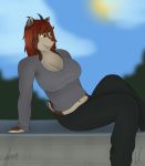  anthro big_breasts breasts brown_fur caprine clothed clothing cybersniper digital_media_(artwork) female fur goat hair horn ledge looking_away mammal midriff outside pointy_ears red_hair sitting smile solo wall_(disambiguation) wide_hips yellow_eyes 