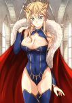  absurdres ahoge artoria_pendragon_(all) artoria_pendragon_(lancer) blue_legwear blue_leotard braid breasts cape cleavage commentary_request covered_navel crown fate/grand_order fate_(series) french_braid fur-trimmed_cape fur_trim gauntlets highres large_breasts leotard red_cape sawwei005 sidelocks 