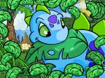  2004 ambiguous_gender blue_skin chomby cloud detailed_background digital_media_(artwork) dinosaur eating feral flower green_eyes leaves mountain neopets official_art outside plant reptile scalie smile solo spikes sun tree unknown_artist 
