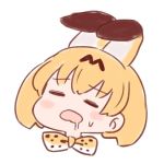  =_= animal_ears batta_(ijigen_debris) blush_stickers bow bowtie chibi closed_eyes commentary drooling ears_down extra_ears eyebrows_visible_through_hair face facing_viewer kemono_friends open_mouth orange_hair orange_neckwear serval_(kemono_friends) serval_ears serval_print short_hair simple_background solo sweatdrop white_background 