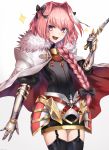  :d armor astolfo_(fate) bangs black_bow black_legwear black_ribbon bow braid buckle cape cowboy_shot cross eyebrows_visible_through_hair fang fate/apocrypha fate/grand_order fate_(series) faulds fur-trimmed_cape fur_collar fur_trim garter_straps gauntlets gloves hair_between_eyes hair_bow hair_intakes hair_over_shoulder hair_ribbon highres holding holding_sword holding_weapon legs_together long_braid long_hair looking_at_viewer male_focus multicolored_hair open_mouth otoko_no_ko pink_hair purple_eyes ribbon shiny shiny_hair simple_background single_braid smile solo sparkle standing streaked_hair sword thighhighs v-shaped_eyebrows w weapon white_background white_cape white_hair yukihama 