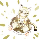  animal_ears belt blonde_hair bow bowtie cat_ears cat_tail commentary_request elbow_gloves eyebrows_visible_through_hair from_above gloves high-waist_skirt highres kemono_friends looking_at_viewer looking_up print_gloves print_neckwear print_skirt sand_cat_(kemono_friends) sand_cat_print shirt sitting skirt sleeveless sleeveless_shirt solo tail tamiku_(shisyamo609) wariza white_background white_belt yellow_eyes yellow_gloves yellow_neckwear 